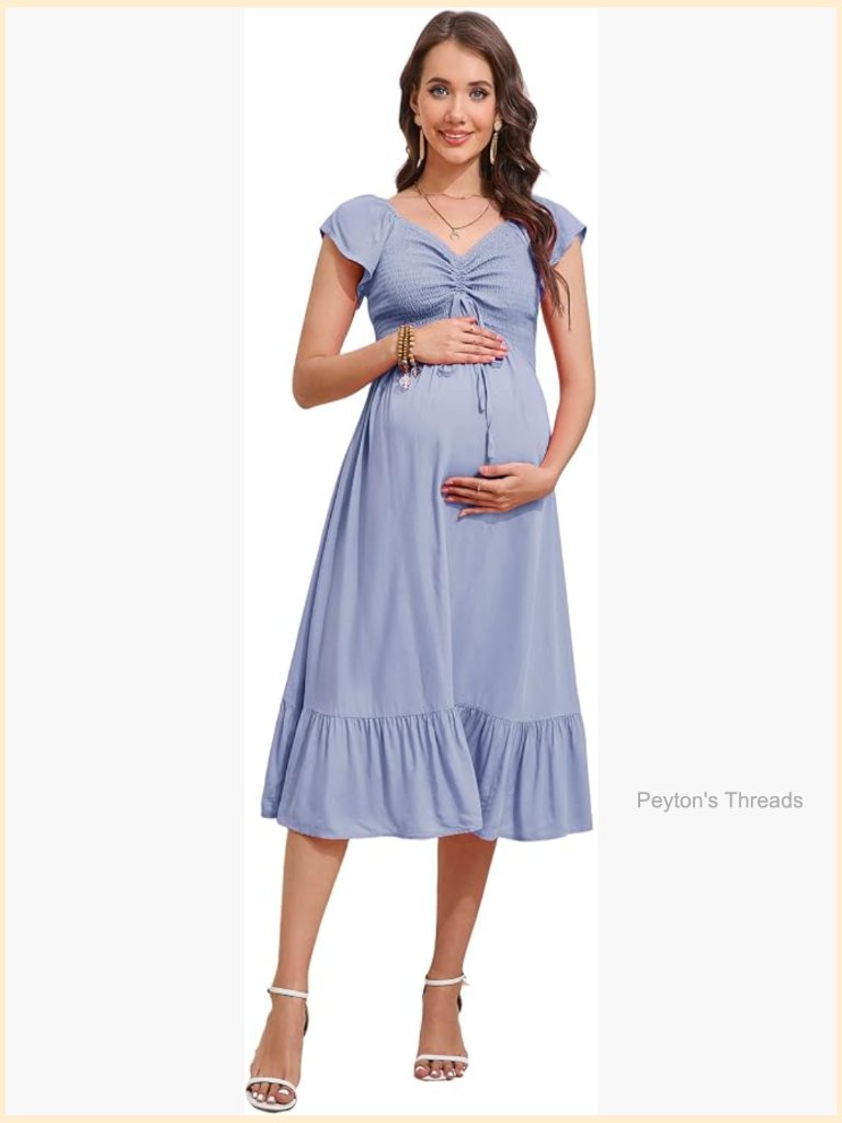 Maternity Sweetheart Neck Smocked Boho Maxi Dress Photoshoot
